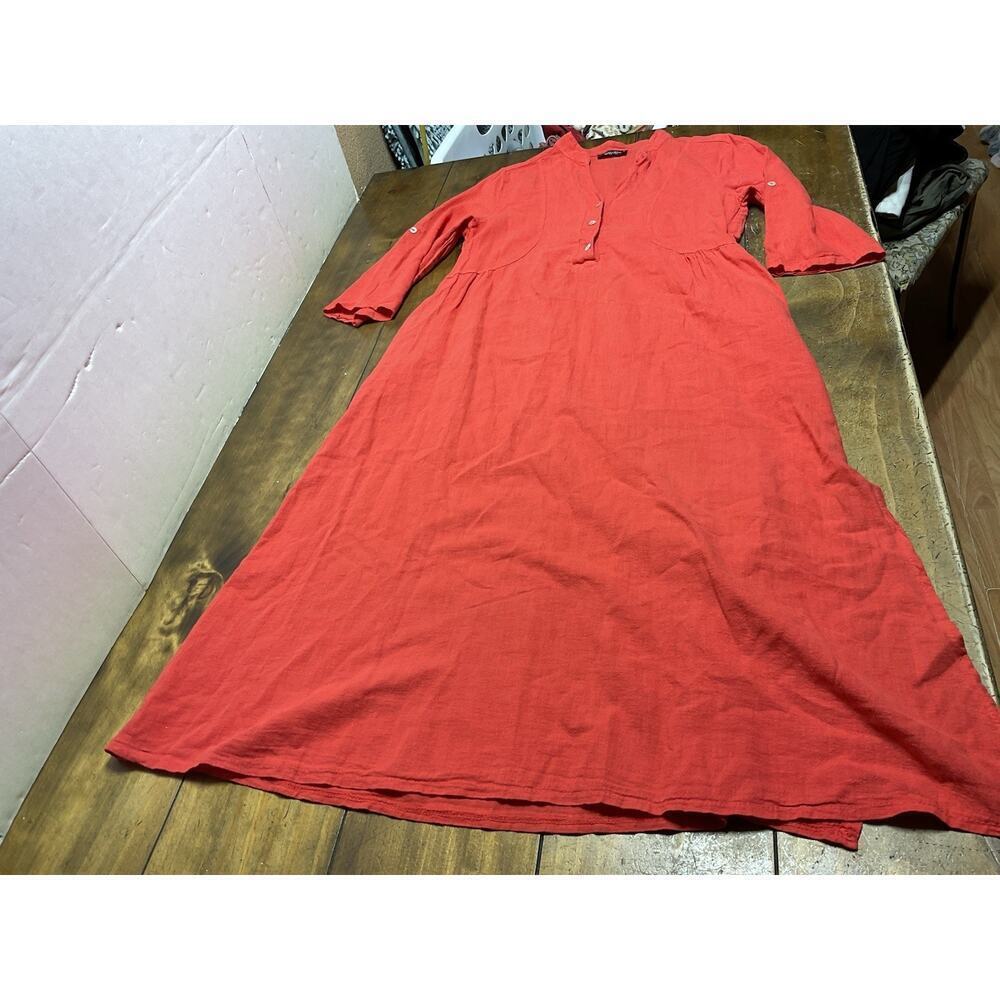 Francesca Bettini Dress Small Red Linen Blend Italy 3/4 Roll Tab Sleeve Boho